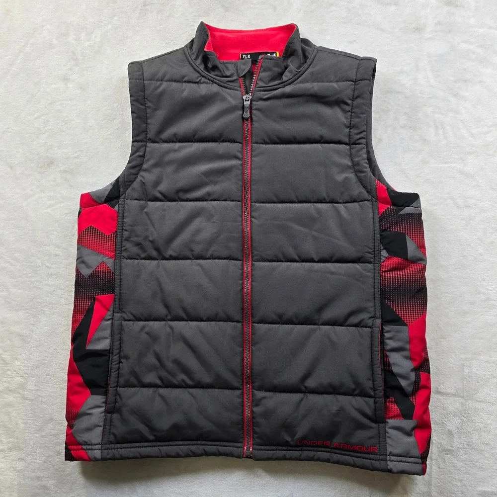 Under Armour Puffer Vest Kids Youth Large Grey‎ Red Polyester Quilted Loose Fit